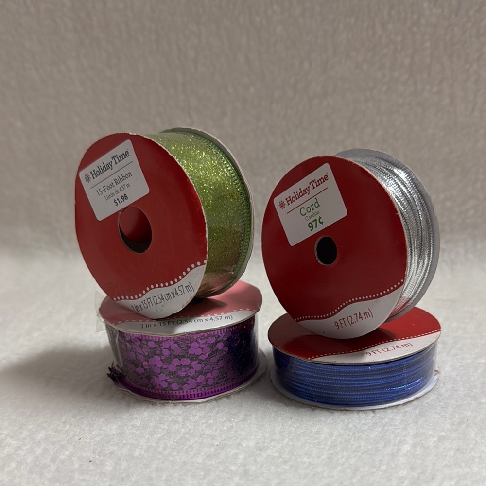 4 Holiday Time Gift Wrap Ribbon & Cord Green Purple Silver Blue New 48’ Total